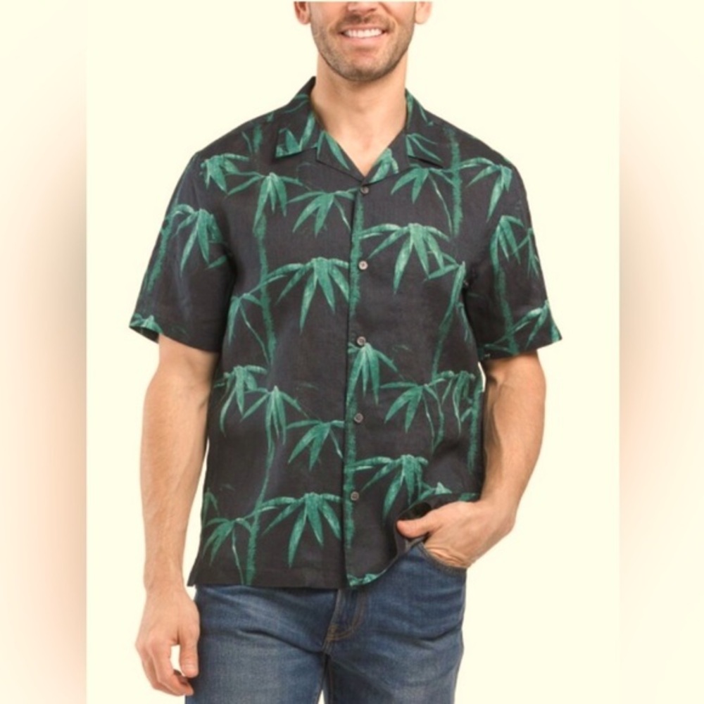 THEORY Black/Cypress Linen Irving Short Sleeve Camp Collared Shirt Size XL